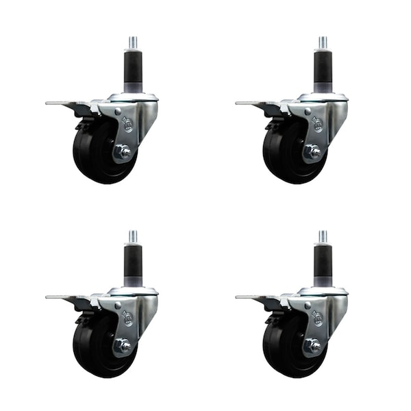 3'' Hard Rubber Swivel 1-1/8'' Expanding Stem Caster Set Total Lock Brake, 4PK